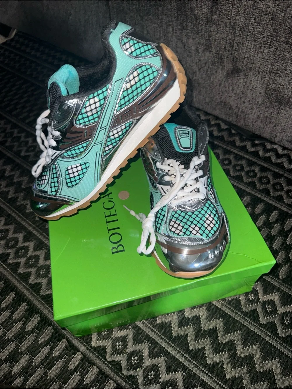 Bottega Veneta Mint Green, Black & Silver Chunky Mesh Sneakers